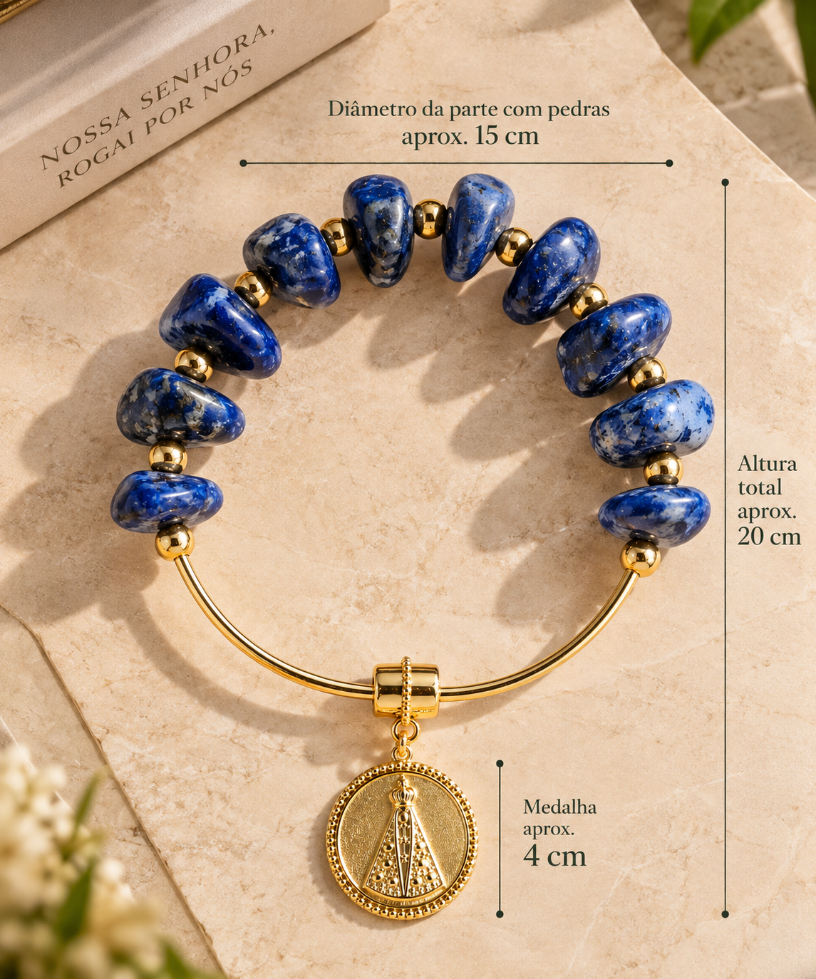 Terço Adorno Decorativo em Quartzo Azul com Medalha de Nossa Senhora Aparecida