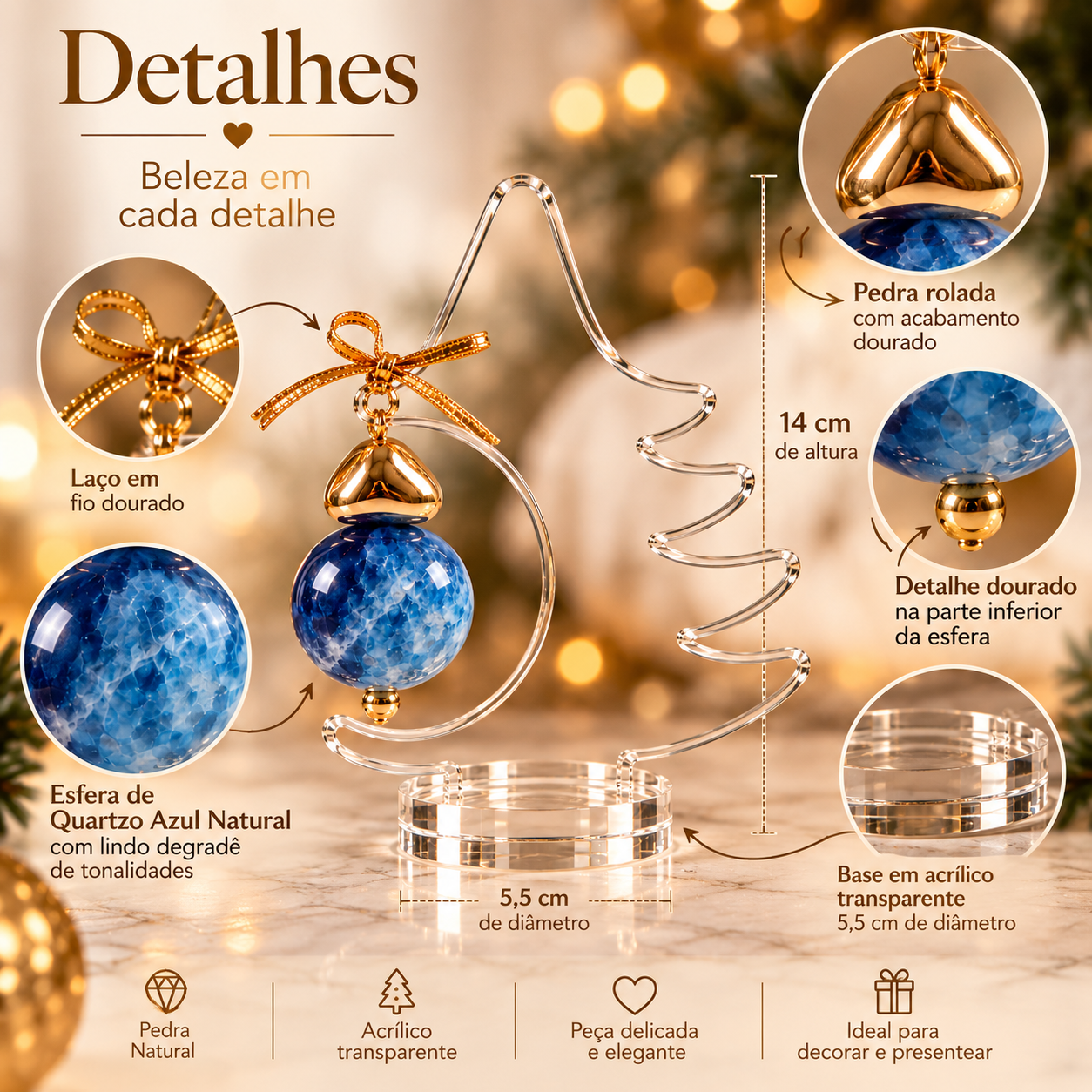 Árvore de Natal Decorativa em Acrílico com Esfera de Quartzo Azul – 14 cm