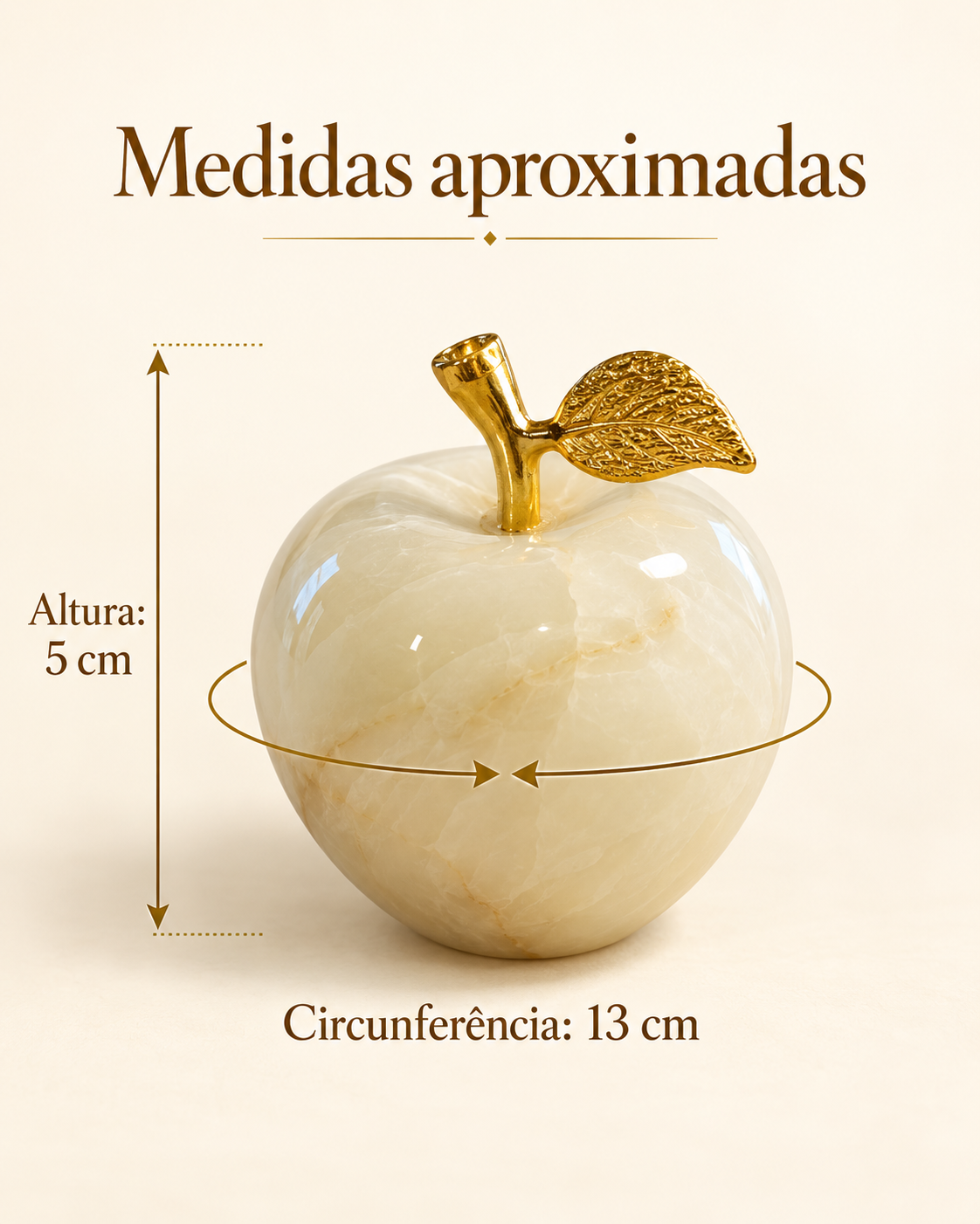 Maçã Decorativa Clara em Ônix Paquistanês Pedra Natural com Detalhe Dourado