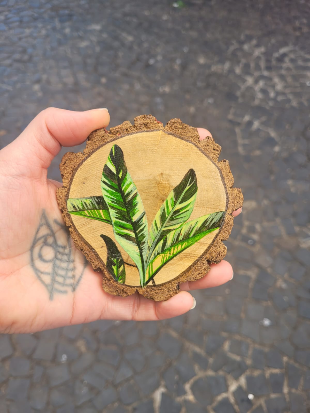 Bolacha de madeira porta copos - Folhagem Maranta