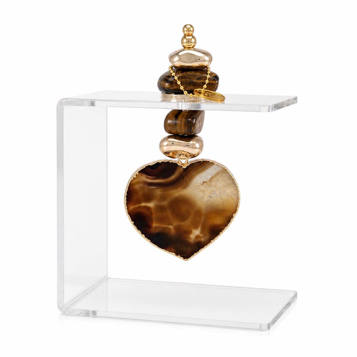 Escultura Decorativa  em Acrílico com Coração de Ágata Natural, Olho de Tigre e Acabamentos Dourados- AN220