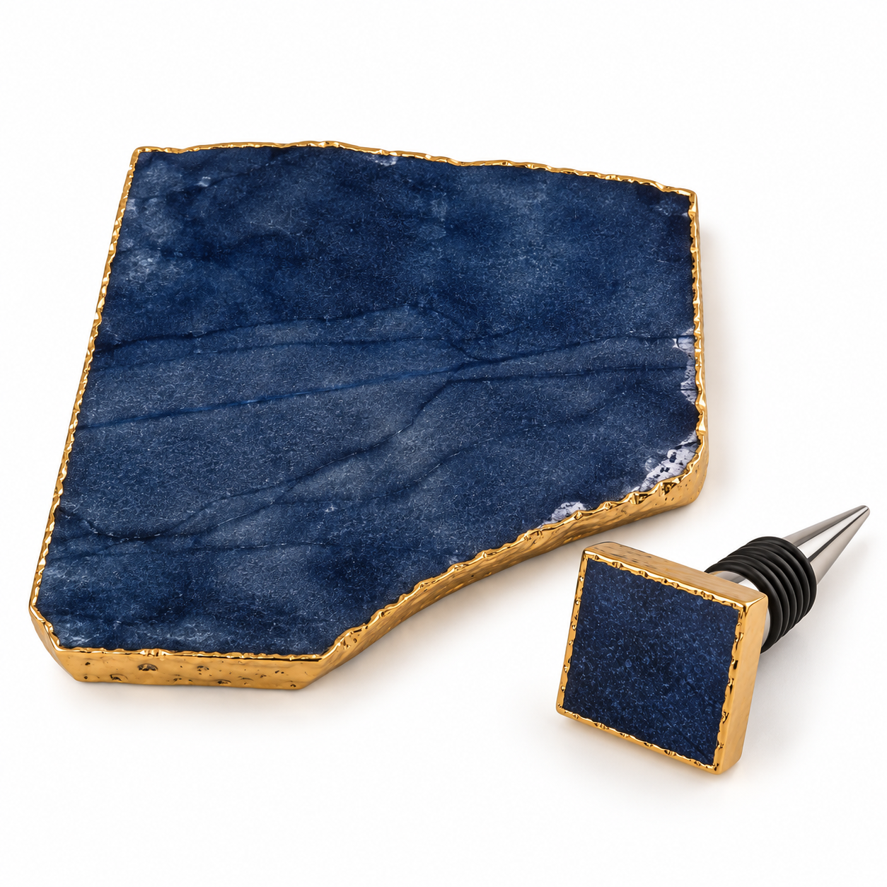 Kit para Vinho em Pedra Natural Azul com Platter e Stopper – 2 Peças