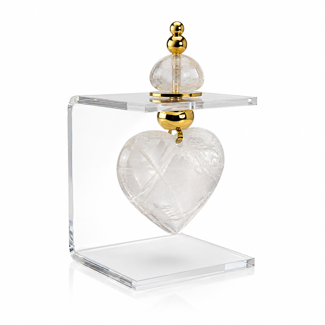 Suporte Acrílico Decorativo com Coração de Quartzo Cristal e Acabamentos Dourados -AN246