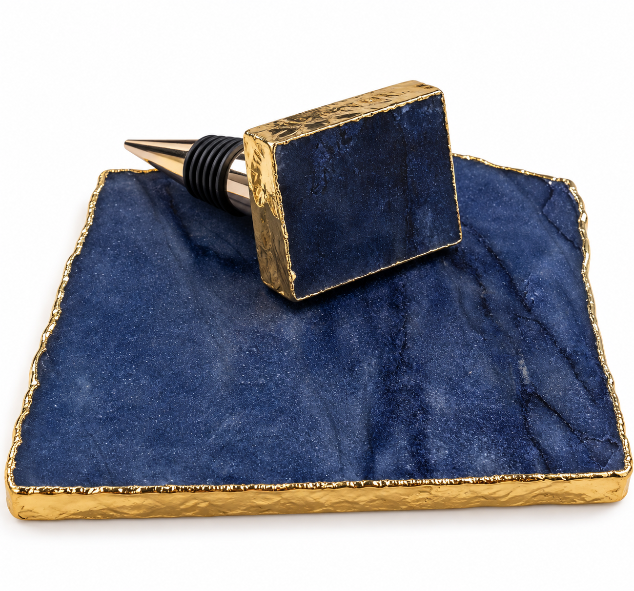 Kit Platter + Stopper em Ágata Azul Natural com Borda Dourada