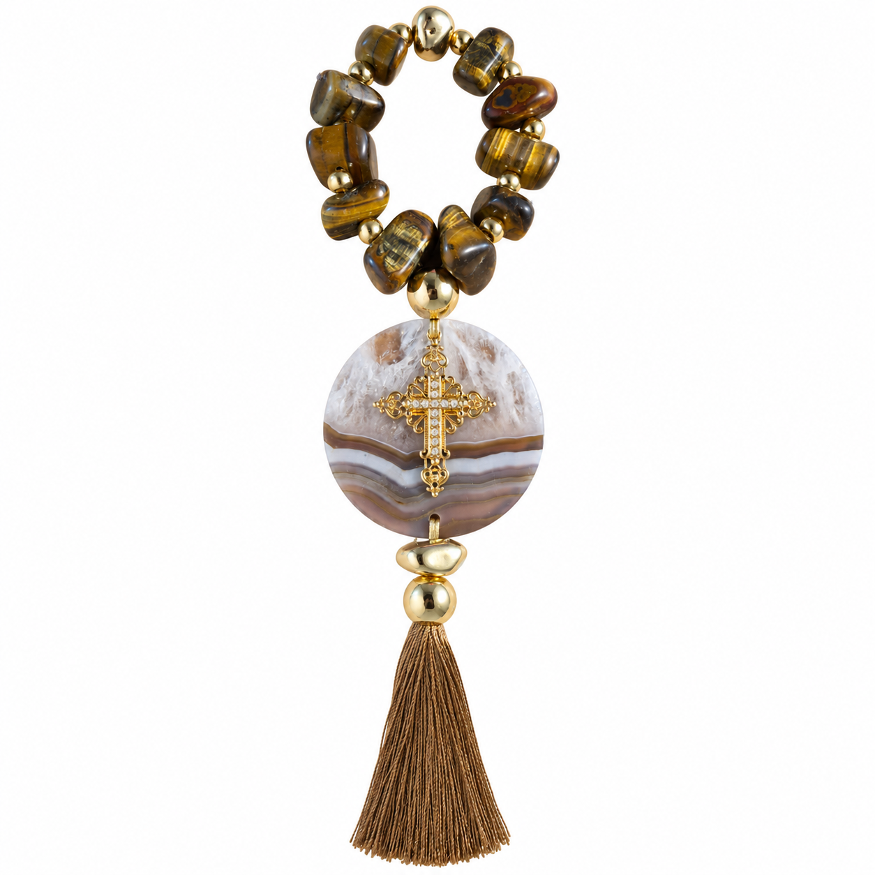 Terço Decorativo Olho de Tigre e Ágata Natural 32 cm