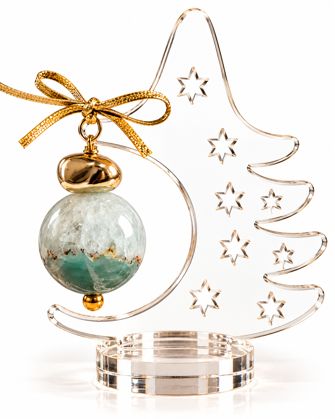 Árvore de Natal Decorativa em Acrílico com Esfera de Quartzo Verde – 14 cm