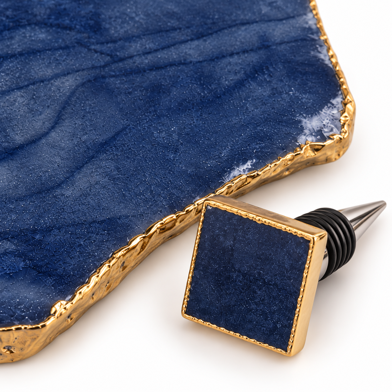 Kit para Vinho em Pedra Natural Azul com Platter e Stopper – 2 Peças