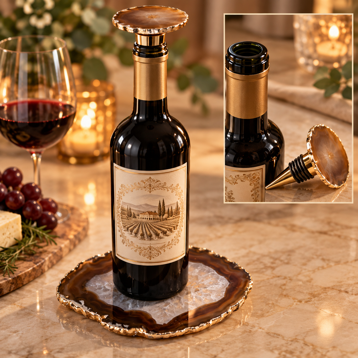 Conjunto para Vinho em Ágata Natural com Borda Dourada – Platter + Stopper (variação 3)