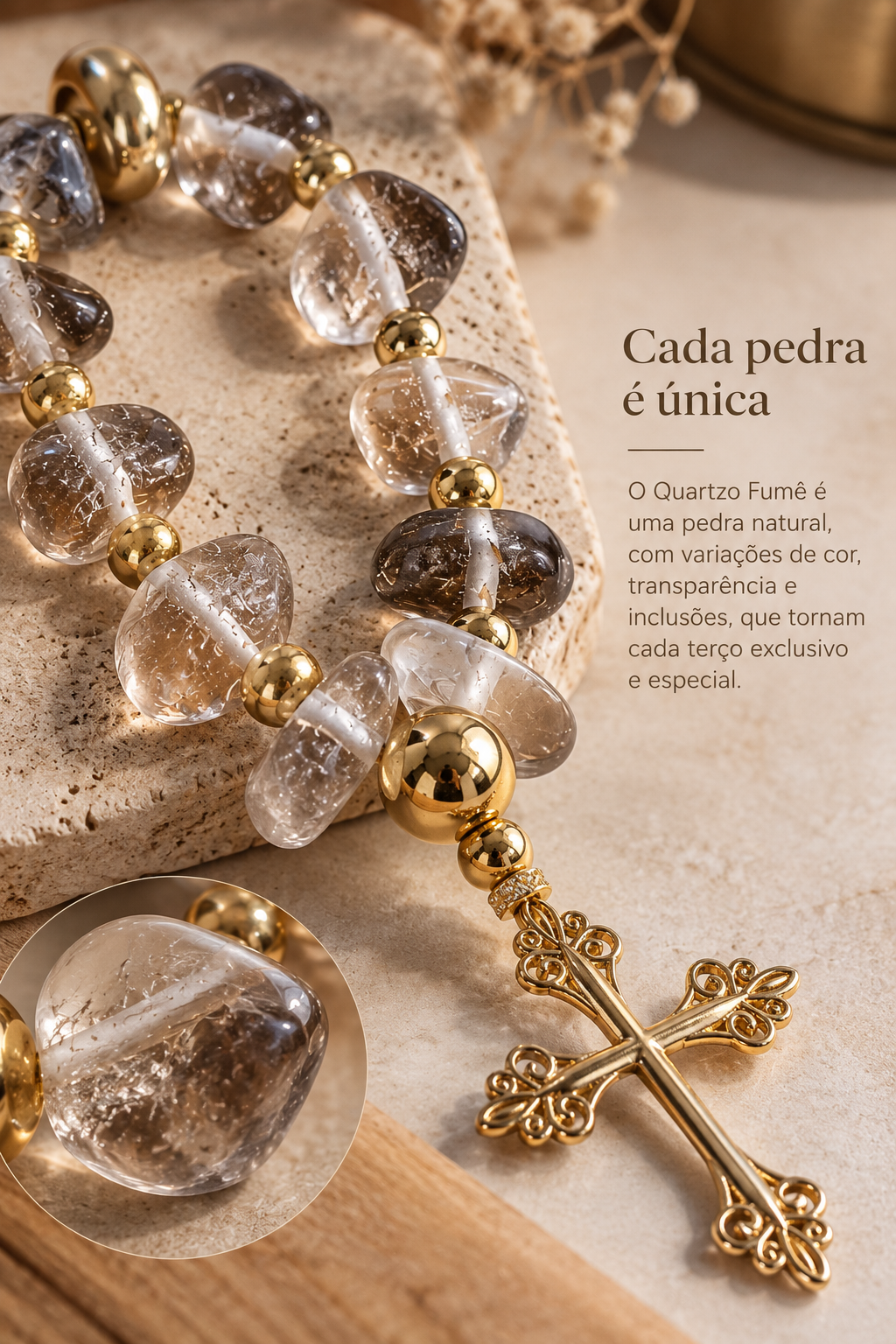 Terço Decorativo em Quartzo Fumê Natural com Cruz Dourada