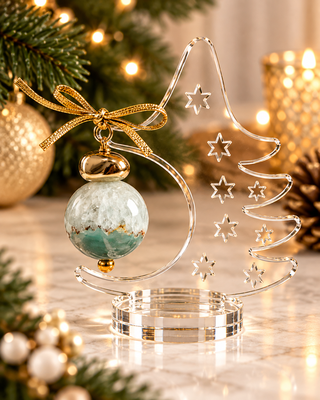 Árvore de Natal Decorativa em Acrílico com Esfera de Quartzo Verde – 14 cm