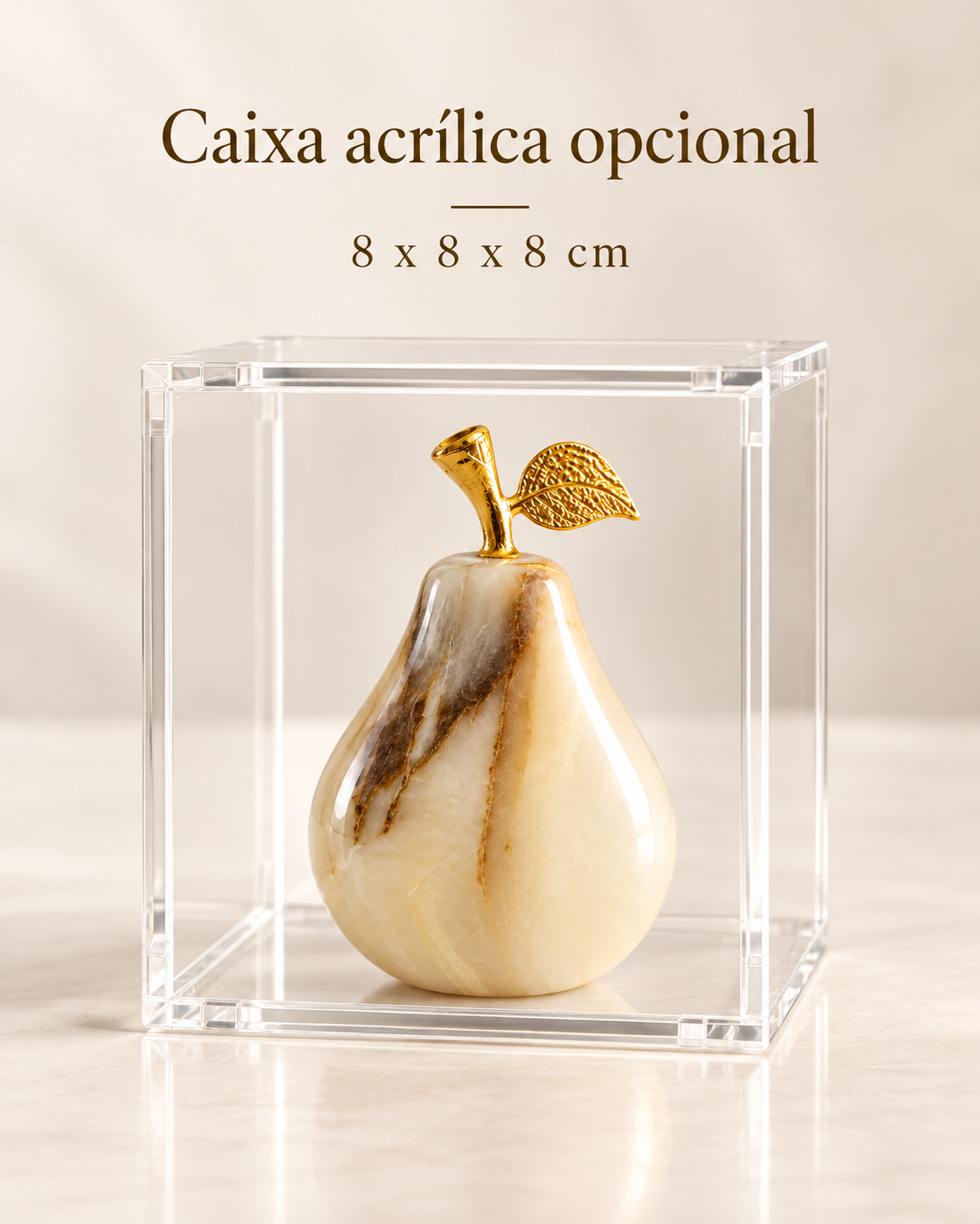 Kit Maçã Decorativa Clara em Ônix Paquistanês com Caixa Acrílica 8x8x8 cm