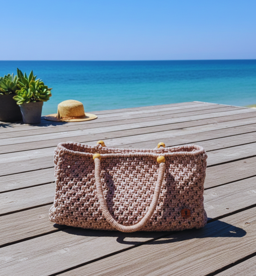 Bolsa Feminina Em Macramê Artesanal  Estruturada Com Forro