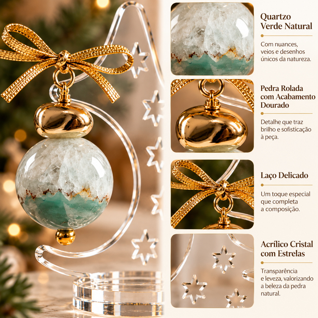 Árvore de Natal Decorativa em Acrílico com Esfera de Quartzo Verde – 14 cm