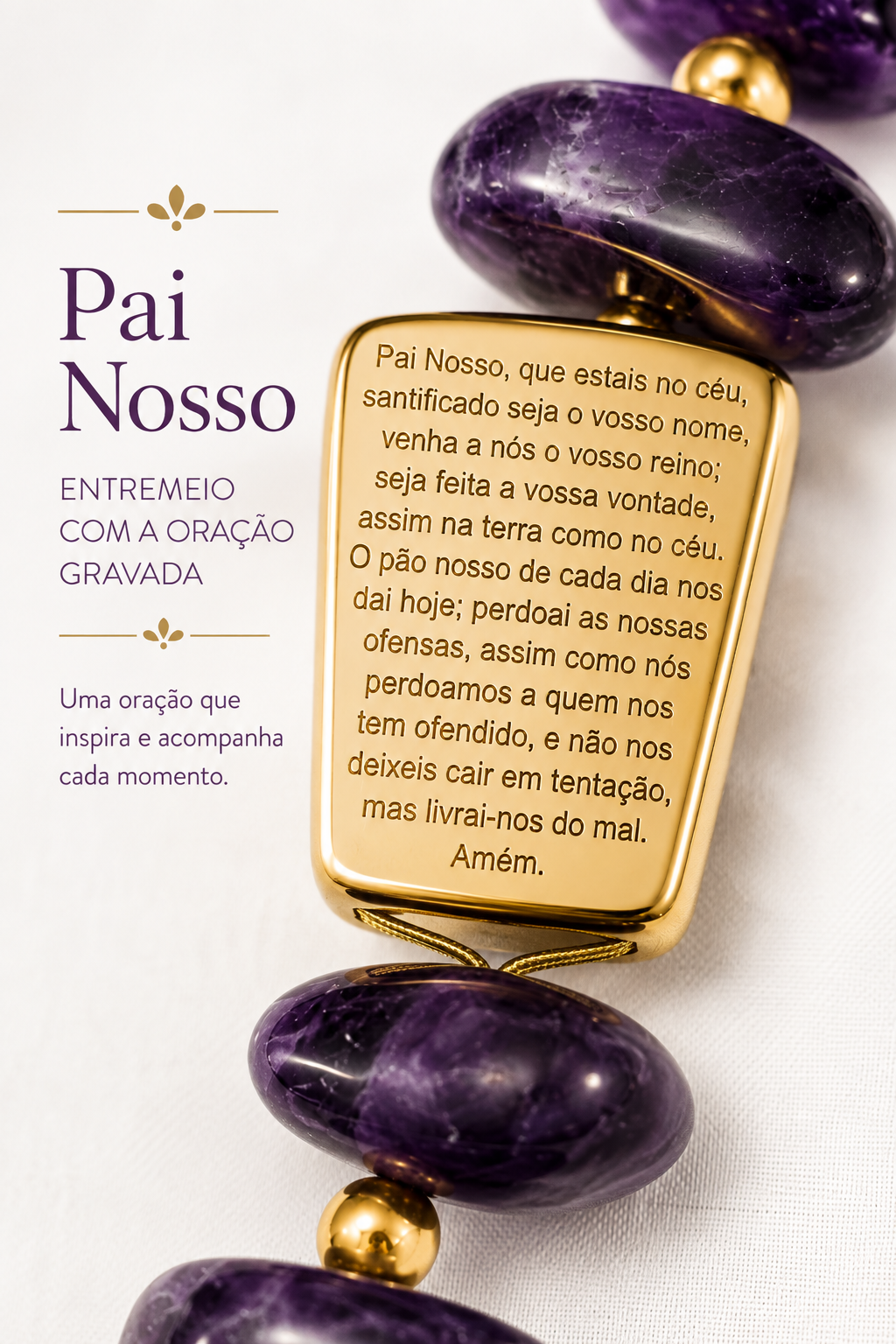 Terço Decorativo em Ametista Natural com Pai Nosso e Cruz Dourada – AN248