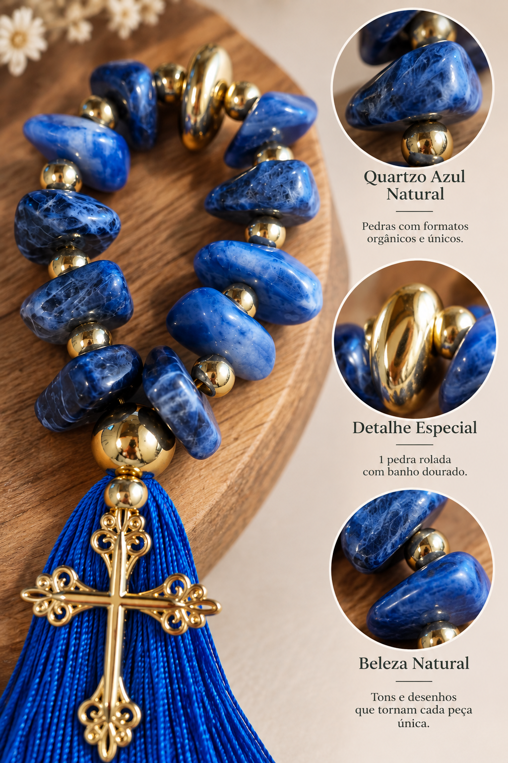 Mini Terço em Quartzo Azul com Tassel e Cruz Dourada AN251