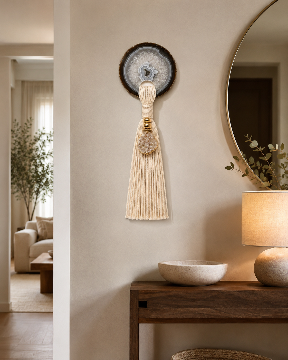 Decoração De Parede Tassel Boho Com Pedra Ágata Natural - AN236