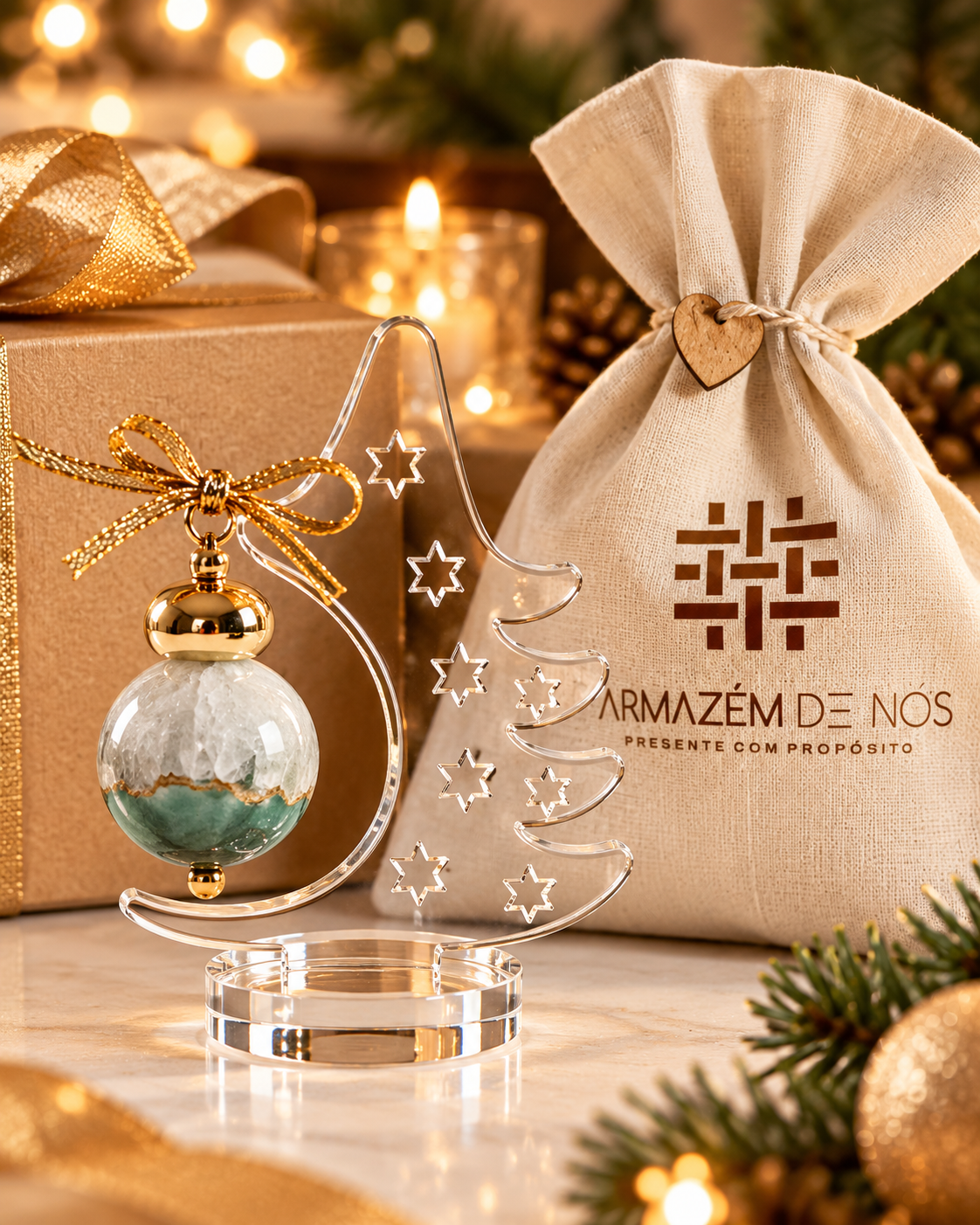 Árvore de Natal Decorativa em Acrílico com Esfera de Quartzo Verde – 14 cm