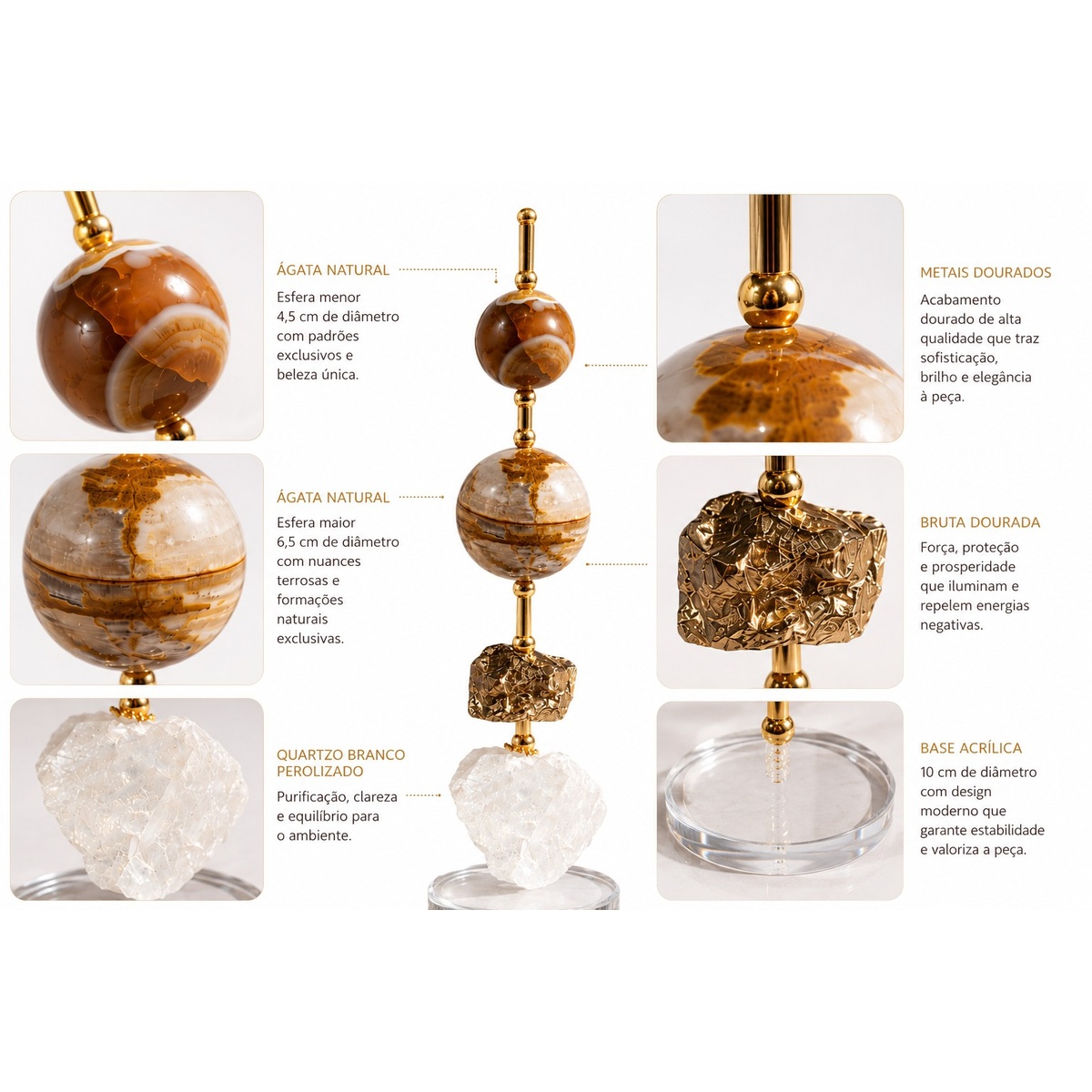 Escultura Decorativa em Ágata Natural com Quartzo Perolizado e Base Acrílica- AN244