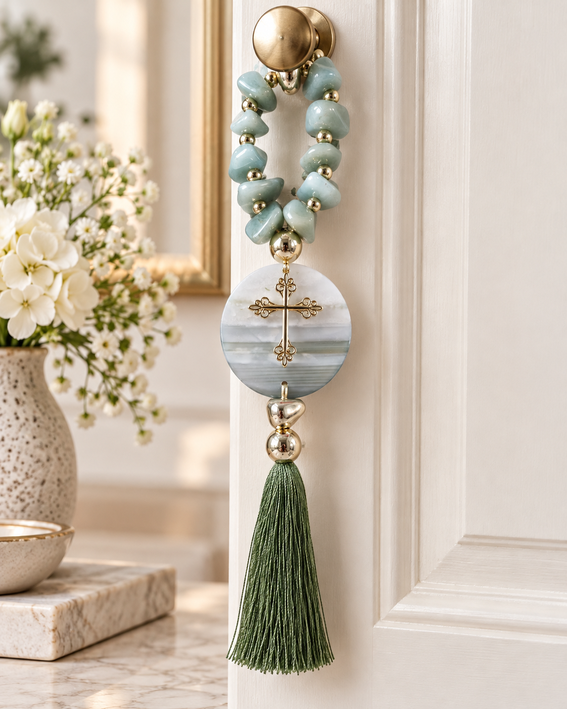 Terço Decorativo Quartzo Verde com Ágata e Cruz Dourada